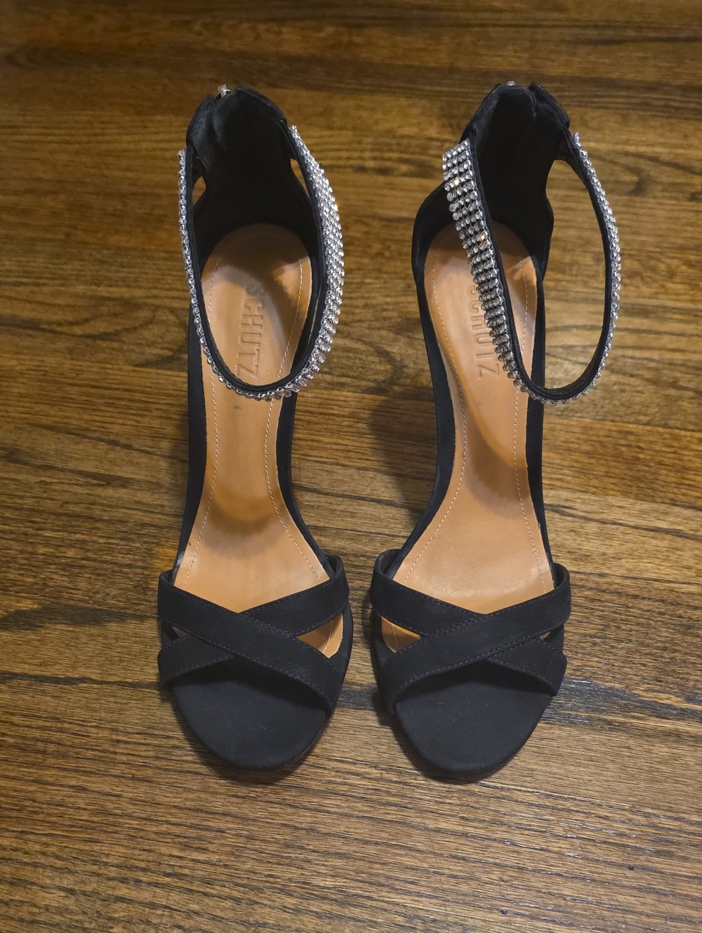 SCHUTZ Black Rhinestone-Ankle Strap Heeled Sandals